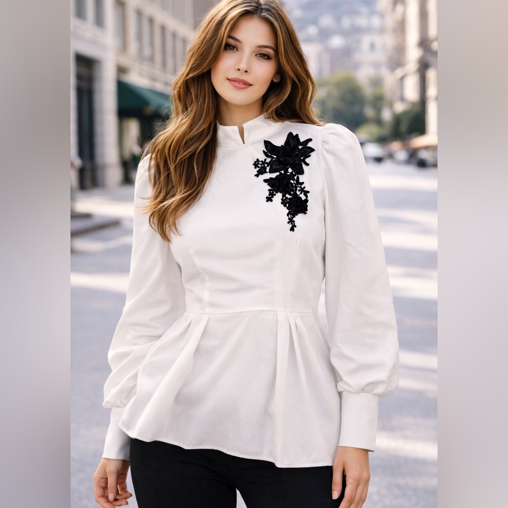 Elegant White Blouse with Black Floral Detail